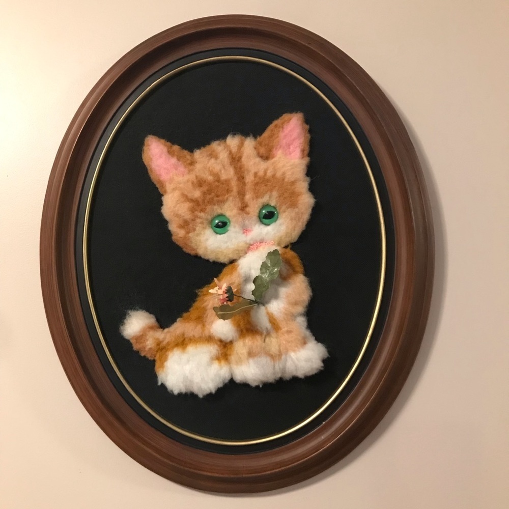Vintage Kitten wall hanging handmade wool  artwork orange tabby cat oval fram